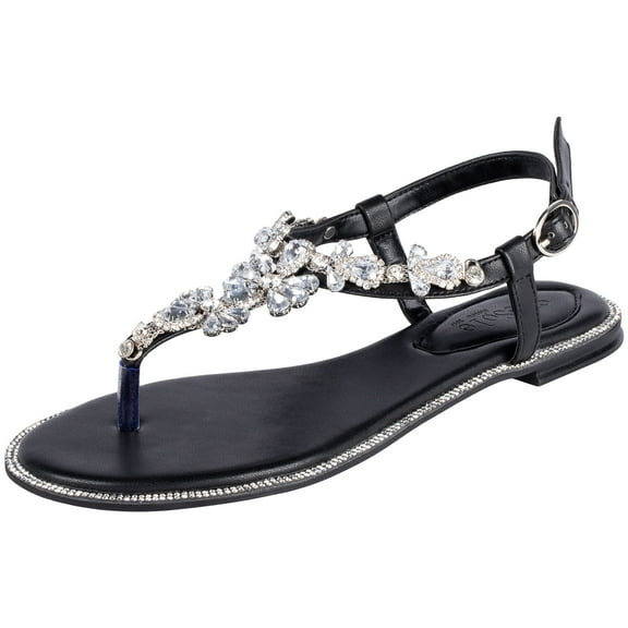 SheSole Women's Sparkly Rhinestone T-Strap Black Flat Sandals Dressy Thong Beach Wedding Shoes US 8