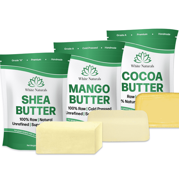 Shea Butter, Mango Butter, Cocoa Butter Set – Each Butter Is 8 oz, Organic and Raw by White Naturals