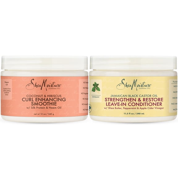 SheaMoisture Leave-In Conditioner Bundle, Coconut & Hibiscus Curl Enhancing Smoothie for Curly Hair, Frizz Control + Jamaican Black Castor Oil Strengthen & Restore for Hair Repair