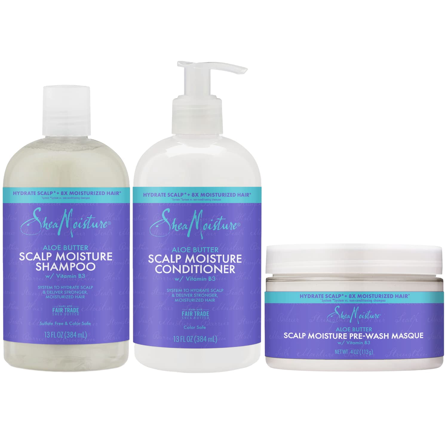 Shea Moisture Shampoo (13 Oz) + Conditioner (13 Oz) + Pre-Wash Masque (4 Oz) Dry Scalp Shampoo And Conditioner 3Pc Bundle With Aloe Butter & Vitamin B3, Shea Butter Shampoo And Conditioner With M