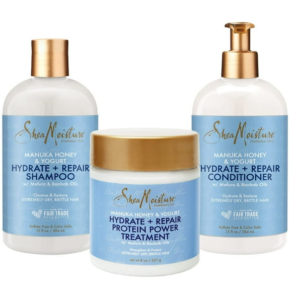Shea Moisture Shampoo and Conditioner Set 13 fl oz each Bundled with Protein Power Treatment 8 fl oz Manuka Honey & Yogurt Hydrate + Repair Hair, Vitamin C