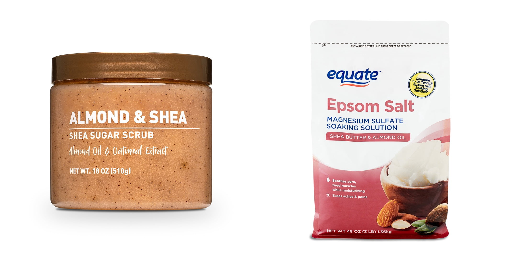 Shea Sugar Scrub, Almond and Shea & Equate Epsom Salt Soaking Solution with Shea Butter and Almond Oil, 3 lbs Bundle