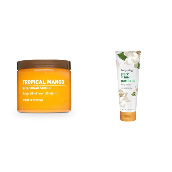 Shea Sugar Scrub, Tropical Mango & Bodycology Pure White Gardenia Shea Butter Body Cream Bundle