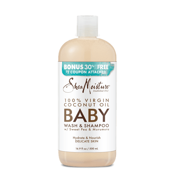SheaMoisture 100% Virgin Coconut Oil Baby Wash and Shampoo with Sweet Pea and Murumuru, 16.9oz