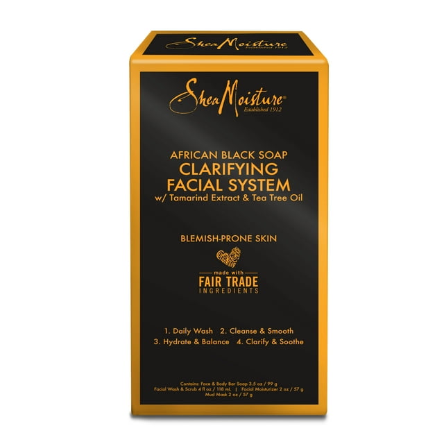 SheaMoisture Clarifying Facial System Kit, African Black Soap, 4 Pieces