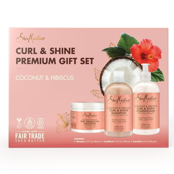 SheaMoisture Curl & Shine Shampoo, Conditioner, 13 Oz Ea + Curl Enhancing Smoothie, 12 Oz Coconut & Hibiscus Premium Gift Set (3 Piece Set)