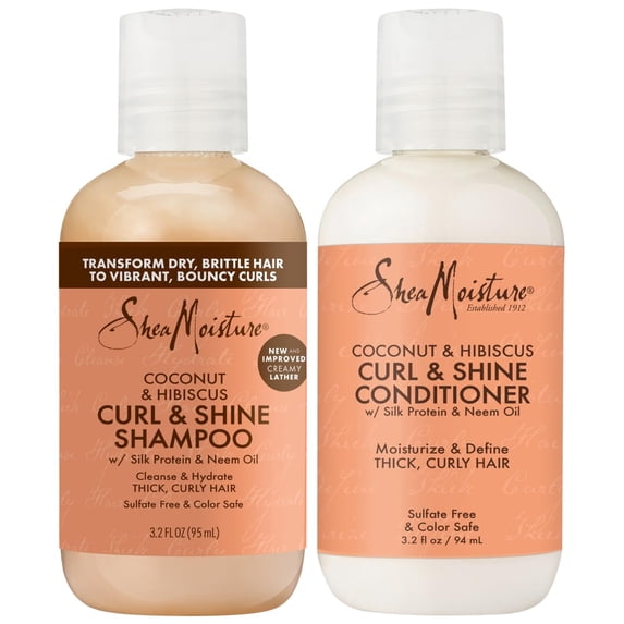 SheaMoisture Curl & Shine Shampoo & Conditioner, Travel-Size – Coconut & Hibiscus Curly Hair Products for Shine & Frizz Control, 3.2 Oz Ea (2 Piece Set)