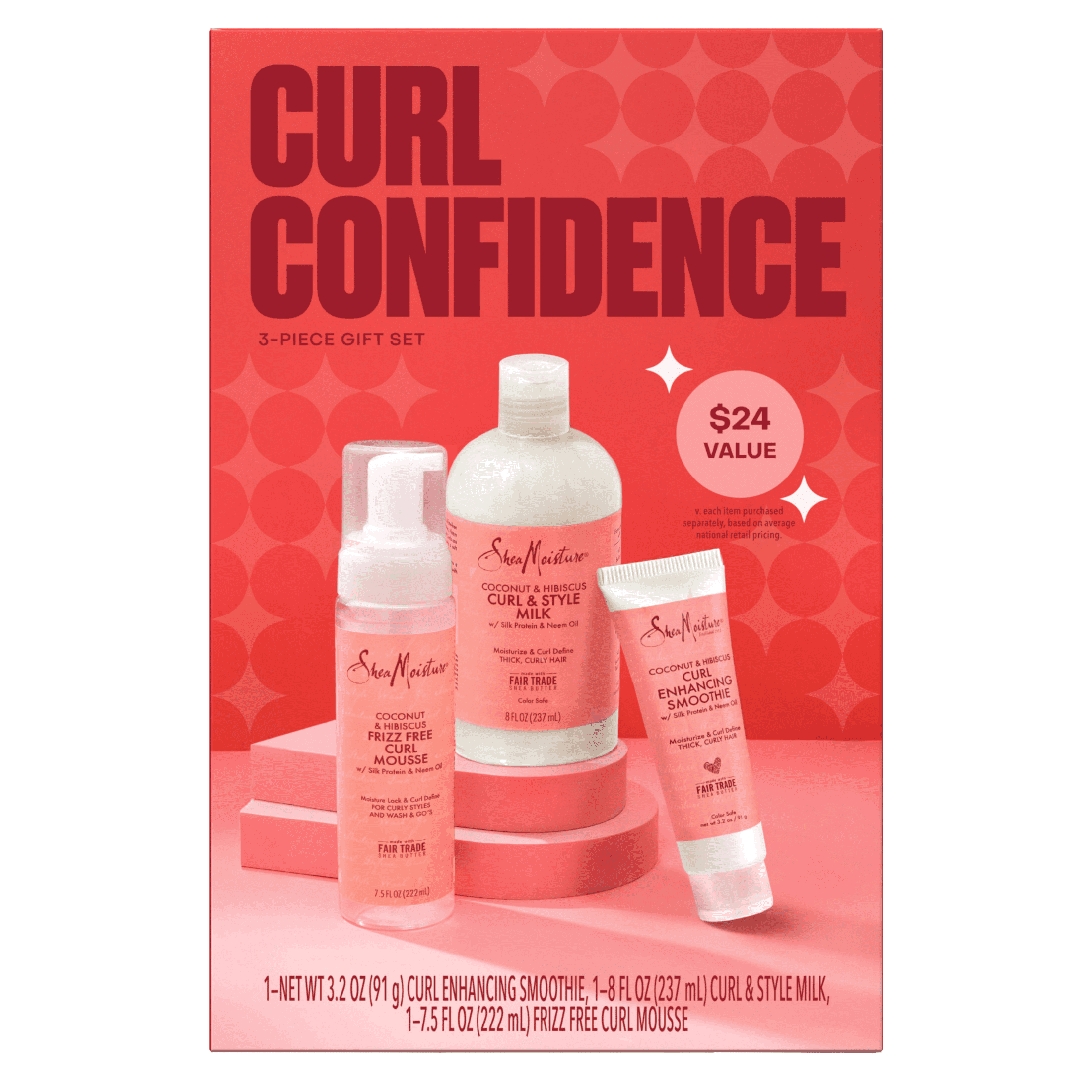 SheaMoisture Curl Confidence Gift Set Coconut & Hibiscus Curl & Style Milk, Frizz-Free Curl Mousse & Curl Enhancing Smoothie, 3 Count