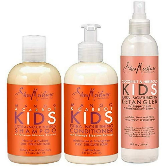 SheaMoisture Kids Nourishing Moisturizing Daily Shampoo, Conditioner & Detangler with Mango, Carrot & Coconut Oil, Full Size Set, 3 Piece