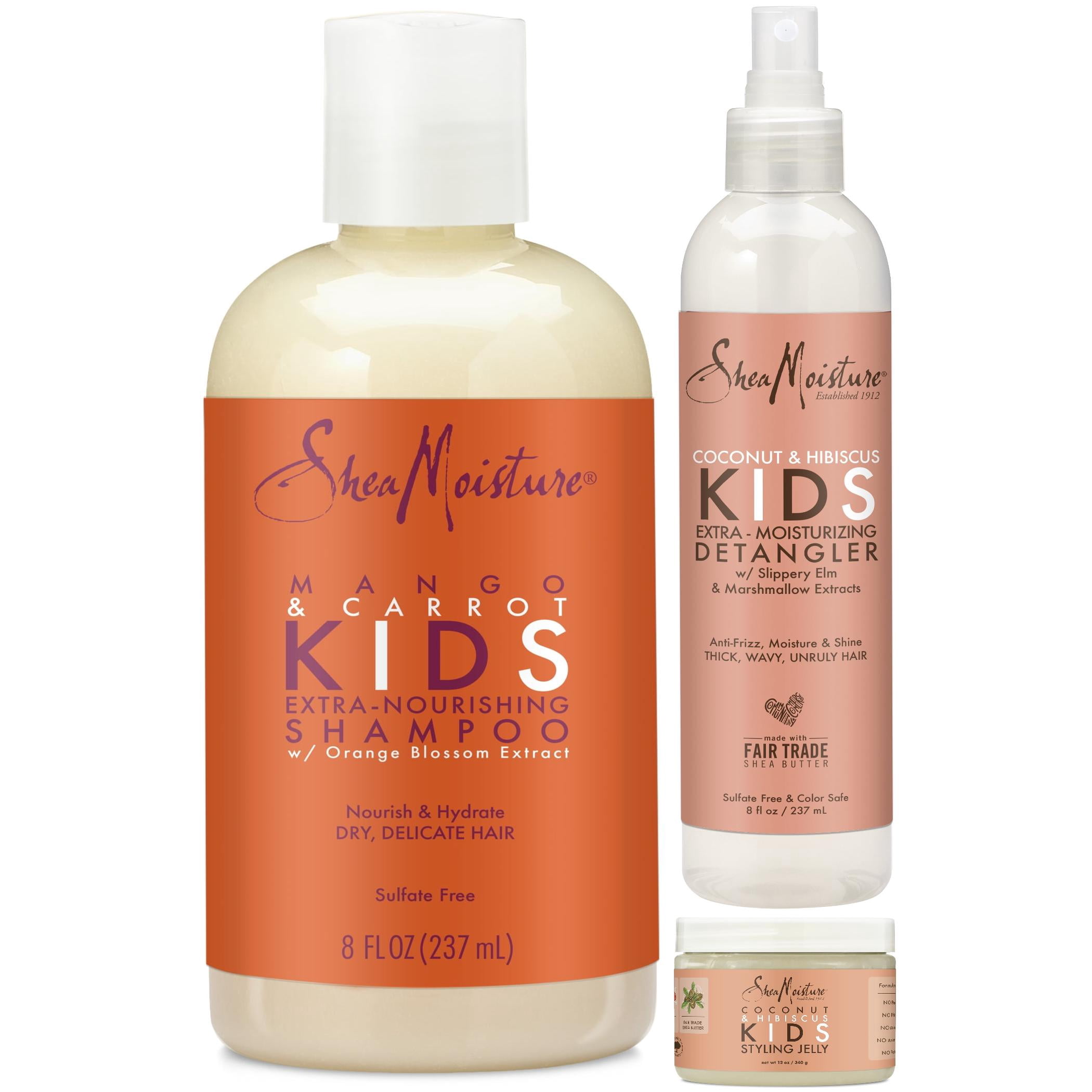 SheaMoisture Kids Shampoo and Detangler 8 oz ea + Styling Gel 12 oz