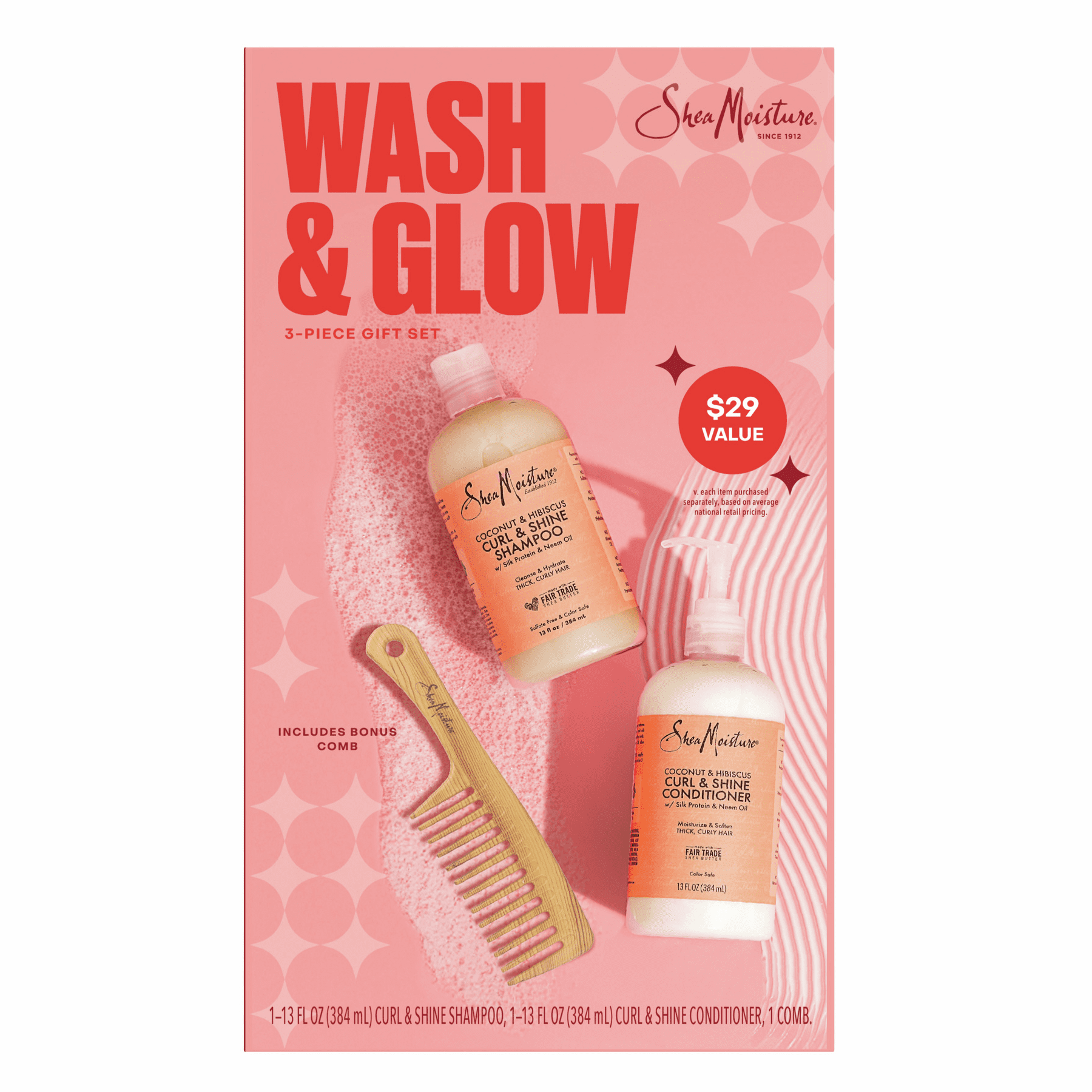 SheaMoisture's Wash & Glow Gift Set Coconut & Hibiscus Curl & Shine Shampoo & Conditioner + Free Bamboo Comb, 2 Count