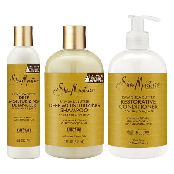 Sheamoisture Raw Shea Butter Hair Care Kit - Sulfate Free Shampoo, Conditioner, Detangler with Sea Kelp and Argan Oil for Curly, Dry, and Damaged Hair - 3 Count