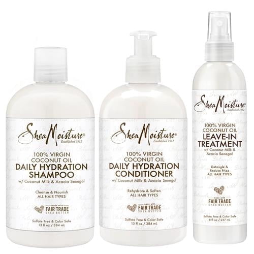 SheaMoisture Shampoo & Conditioner + Leave-in Treatment, Daily Hydration with Coconut Oil, Hair Detangler, Frizz Control, Cruelty-Free (3 Piece Set)