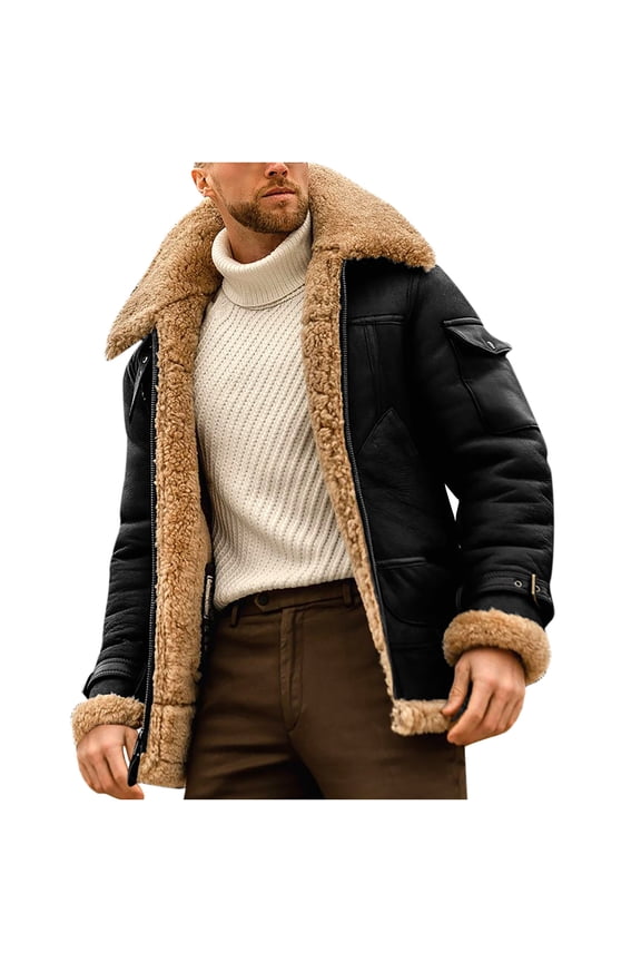 Shearling Leather Faux Suede Fleece Lined Jacket Lapel Zipper Motorcycle Bomber Men's Black,XXXXL
