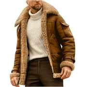 KIJBLAE Shearling Leather Faux Suede Fleece Lined Jacket Lapel Zipper Motorcycle Bomber Men's Brown,S