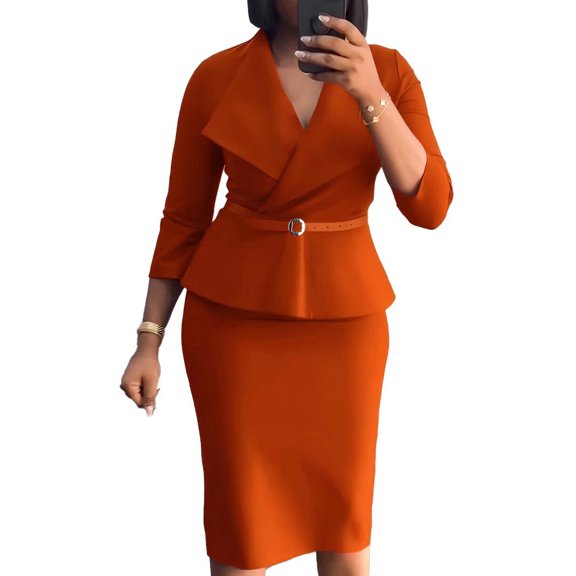 Sheath Dress for Women's 3/4 Sleeve Lapel Neck Collar Belted Work Office Dress