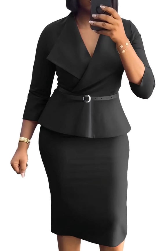 Sheath Dress for Women's 3/4 Sleeve Lapel Neck Collar Belted Work Office Dress