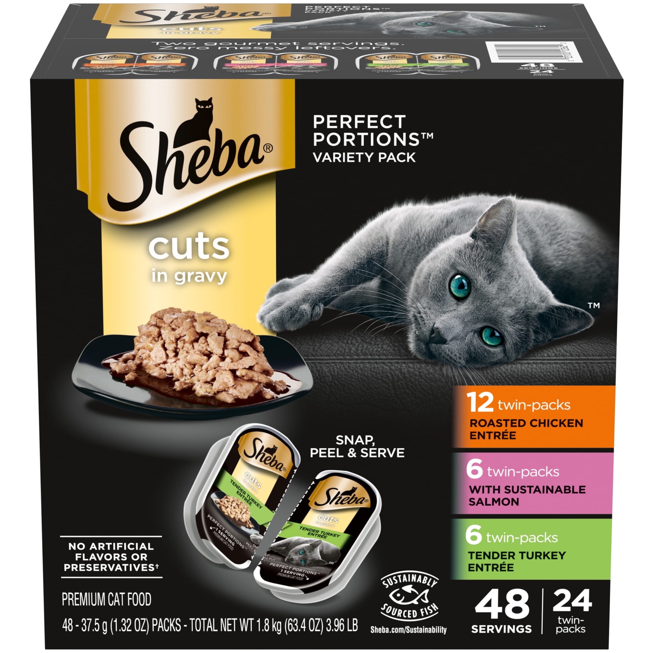 Sheba Perfect Portions Cuts in Gravy Variety Pack Wet Cat Food, 2.6 oz Twin-Pack Trays (24 Count)