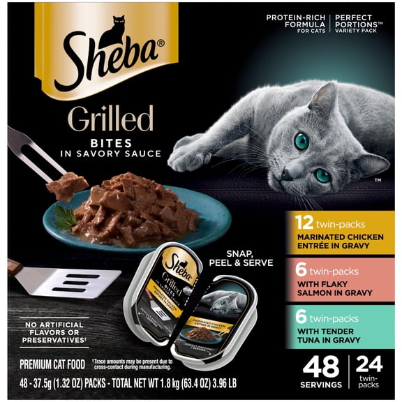 Sheba Grilled Cat Food Variety Pack - 24 Count Portions (Tuna, Salmon, and Chicken)