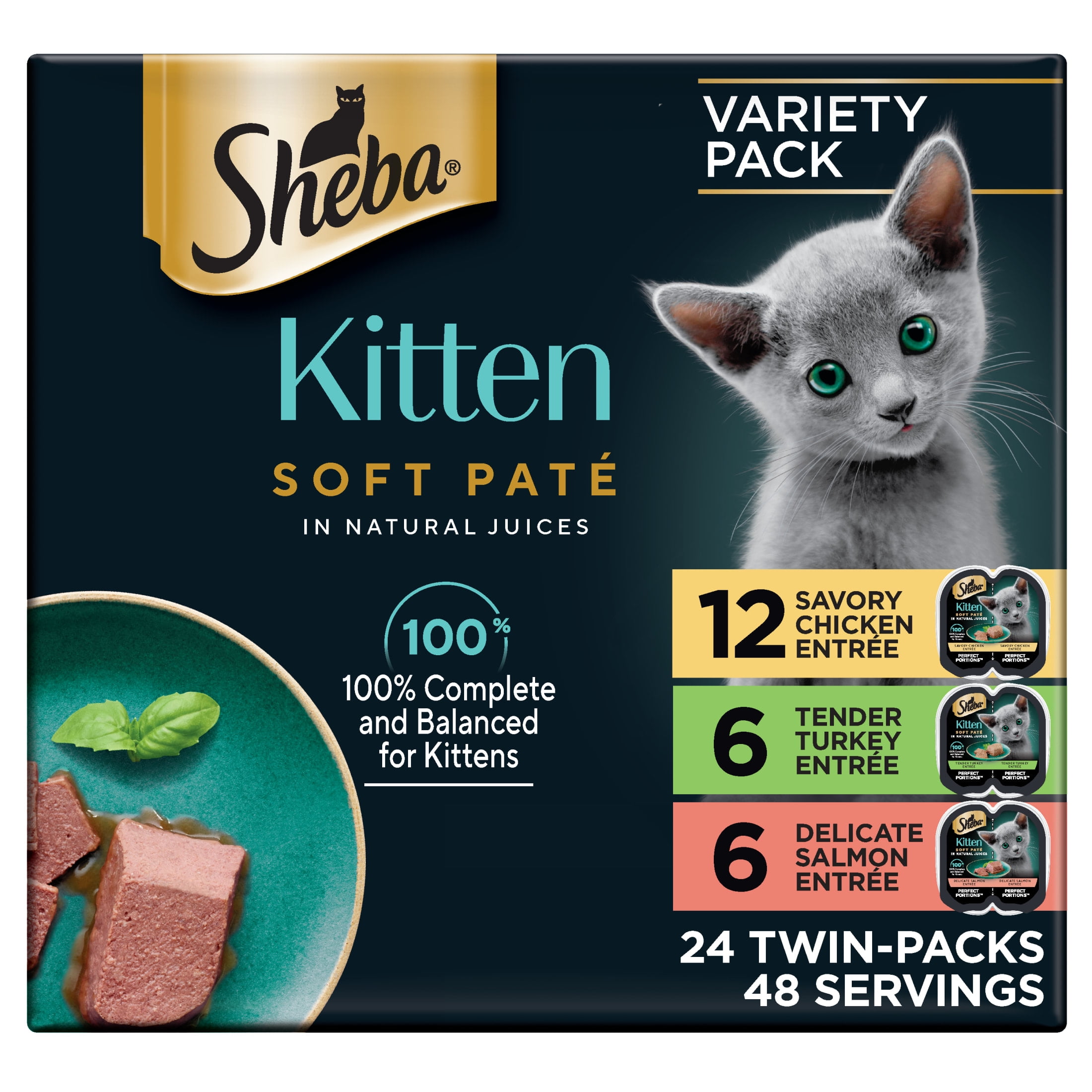Sheba Perfect Portions Kitten Variety Flavors Pate Wet Cat Food, 2.6 oz Twin-Pack Trays (24 Pack)