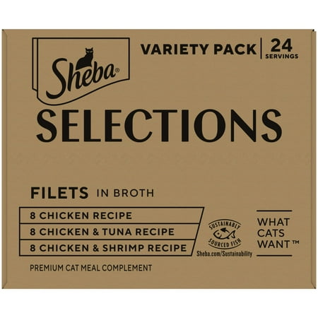 Sheba Selections Filets In Broth Variety Pack Adult Cat Meal Complement, 1.3 Oz Cups, 24 Pk