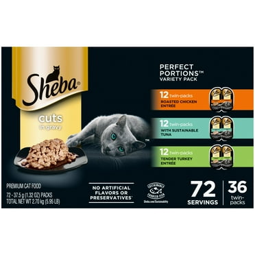 Sheba Wet Cat Food Cuts In Gravy Variety Pack, With Sustainable Tuna, Roasted Chicken Entree And Tender Turkey Entree, (36) 2.6 Oz. Perfect Portions Twin-Pack Trays