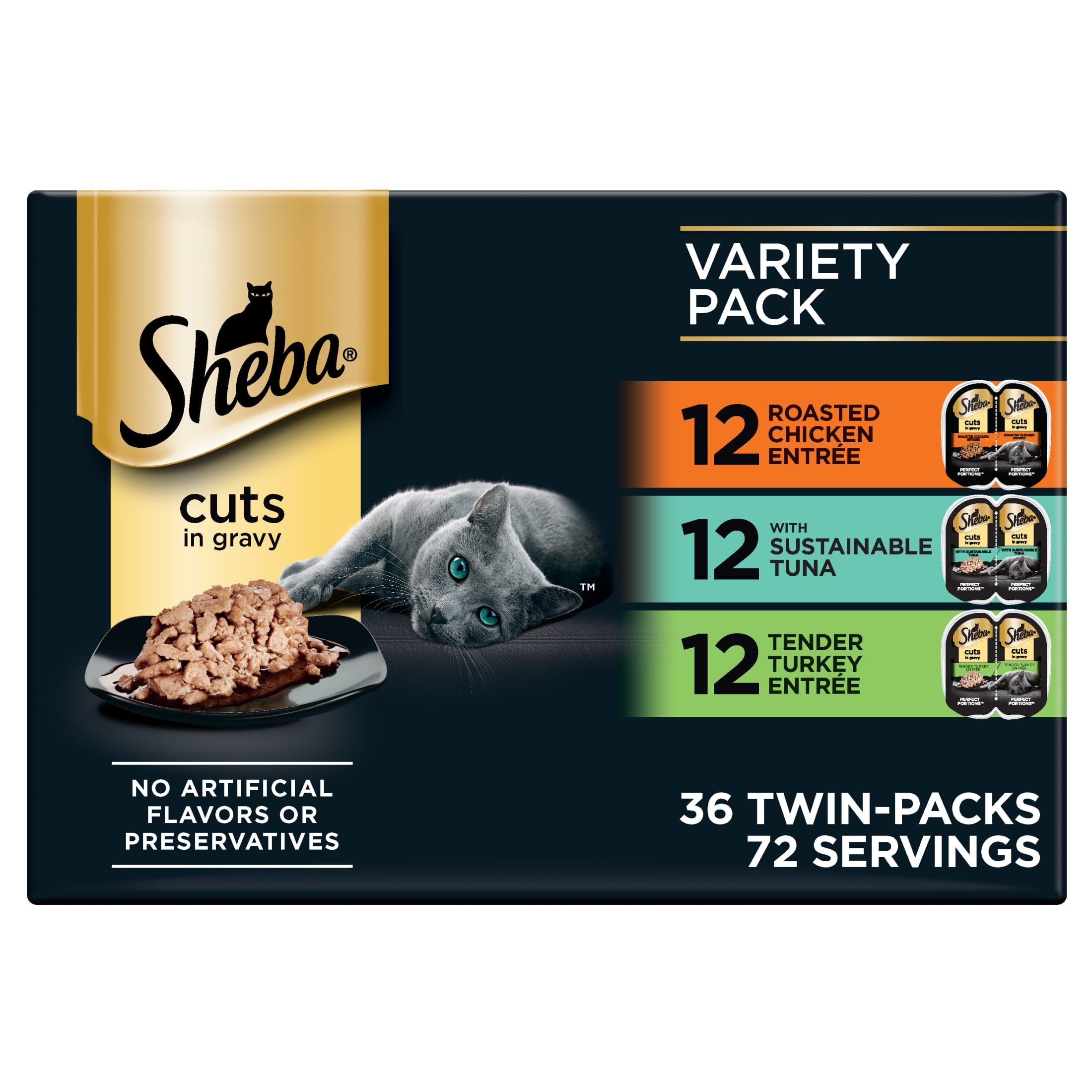 Free Shipping! SHEBA Wet Cat Food Cuts in Gravy Variety Pack 2.6 Oz Twin-Pack Trays for Cats
