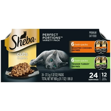 Sheba Wet Cat Food Cuts in Gravy Variety Pack, Roasted Chicken Entree and Tender Turkey Entree, (12) 2.6 oz. Perfect Portions Twin-Pack Trays