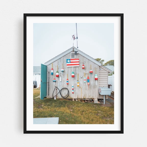 Shed Buoys - Massachusetts Photography Nautical Coastal Beach House Patriotic Fishing Rustic Seaside Black Framed Wall Art Print 8 x 10 inches