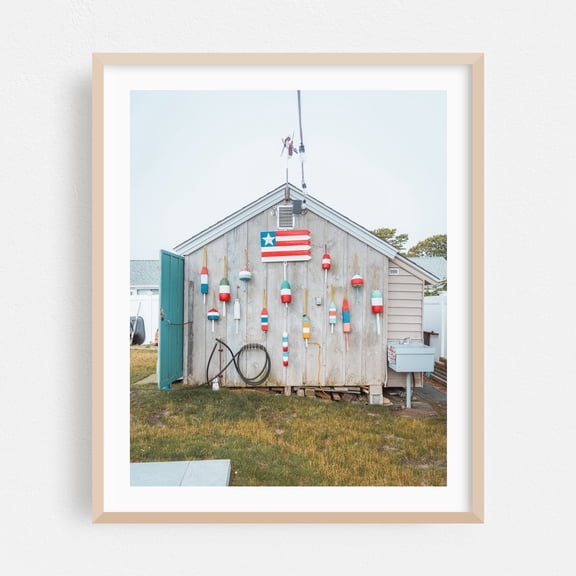 Shed Buoys - Massachusetts Photography Nautical Coastal Beach House Patriotic Fishing Rustic Seaside Oak Framed Wall Art Print 8 x 10 inches