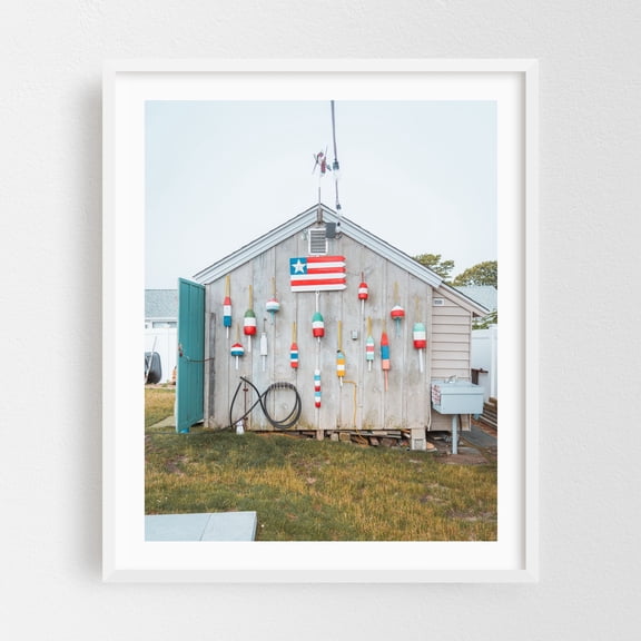 Shed Buoys - Massachusetts Photography Nautical Coastal Beach House Patriotic Fishing Rustic Seaside White Framed Wall Art Print 11 x 14 inches