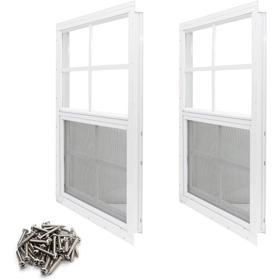 Shed Window 2 Pack 24 x 27 Inch – Small Sliding Windows with Aluminum Alloy Frame, Tempered Glass & Fiberglass Screen, Flush Mount for Shed Chicken Coop Household