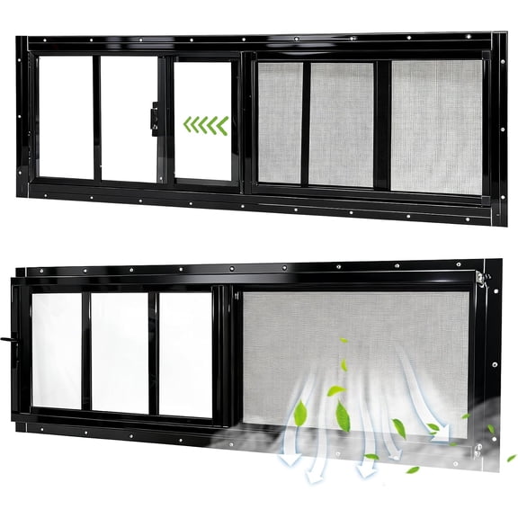 Shed Windows 2 Pack, 12"x36" Sliding Windows Transom Window with Tempered Glass and Removable Fiberglass Screen for Shed, Chicken Coop, Playhouse, Household, Garage, Barns (Black)
