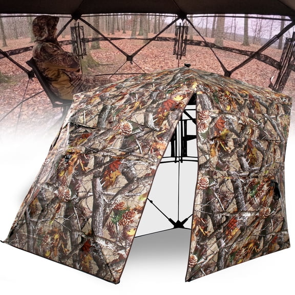 ShedOFF Extra Large Hunting Blind 4 Person with Portable Hunting Chair, 360 Degree See Through Pop up Ground Blinds for Deer Turkey Duck Hunting, Bow Hunting Adjust Windows with Silent Zipper