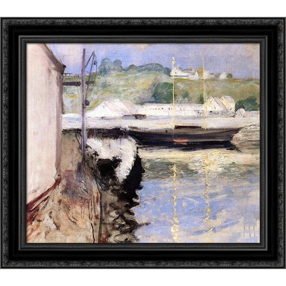 Sheds and Schooner, Gloucester 22x20 Black Ornate Wood Framed Canvas Art by Chase, William Merritt