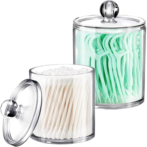 SheeChung 2 Pack Qtip Dispenser Apothecary Jars Bathroom with Labels - Qtip Holder Storage Canister Clear Plastic Acrylic Jar for Cotton Ball,Cotton Swab,Q-tips,Cotton Rounds (Small)