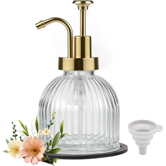 SheeChung 8 Oz Glass Soap Dispenser Bathroom, Clear Liquid Hand Soap Dispenser with Pump, Refillable Dish Soap Dispenser for Kitchen, Cute Modern Stripes Lotion Bottle, Shampoo (Gold Pump, 1 Pack)