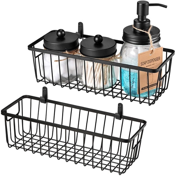 SheeChung Farmhouse Decor Metal Wire Bathroom Storage Organizer Basket Bins - for Cabinets, Shelves, Closets, Vanity Countertops, Under Sinks, Pantry, Laundry Room, Garage - Small, 2 Pack (Black)