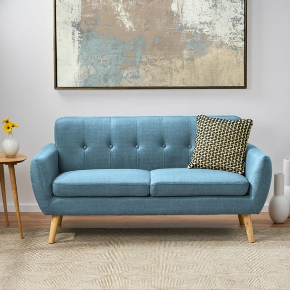 Sheena Mid Century Modern Fabric Tufted Sofa, Blue and Natural Oak