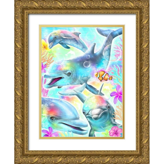 Sheena Pike Art 11x14 Gold Ornate Wood Framed with Double Matting Museum Art Print Titled - Daydream Rainbow Dolphins