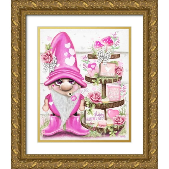 Sheena Pike Art 12x14 Gold Ornate Wood Framed with Double Matting Museum Art Print Titled - Lil Gnomez Pink Valentine