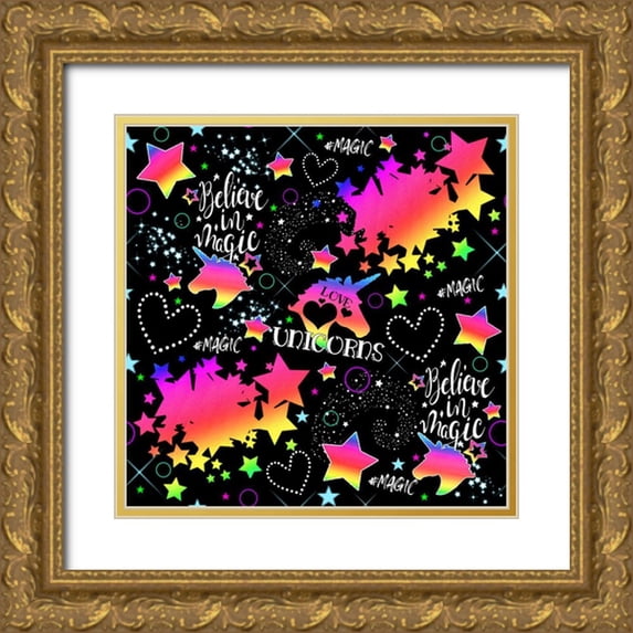 Sheena Pike Art 15x15 Gold Ornate Wood Framed with Double Matting Museum Art Print Titled - Neon Unicorn Pattern