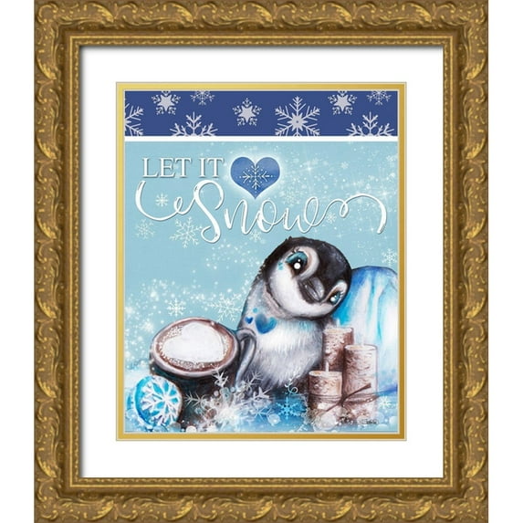 Sheena Pike Art 15x18 Gold Ornate Wood Framed with Double Matting Museum Art Print Titled - Winter Penguin - Let it Snow