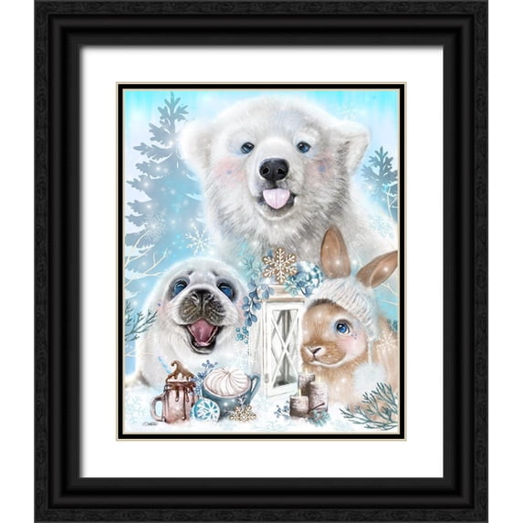 Sheena Pike Art 20x24 Black Ornate Wood Framed with Double Matting Museum Art Print Titled - Snowflake Kisses Polar Bear and Friends