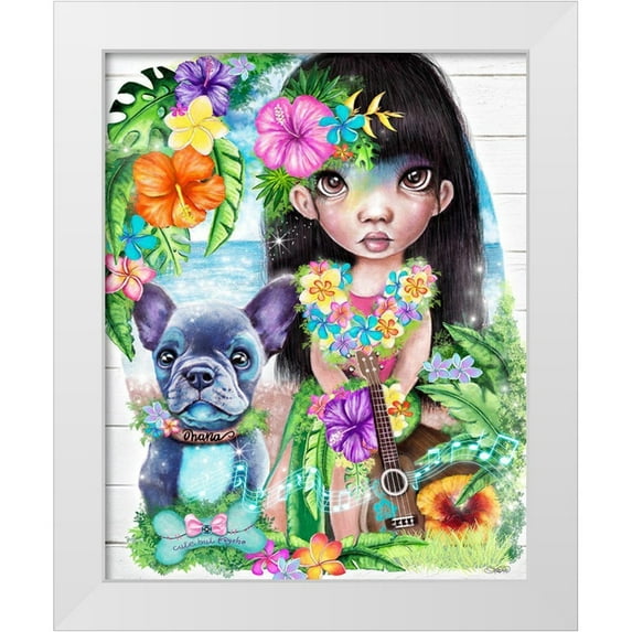 Sheena Pike Art 20x24 White Modern Wood Framed Museum Art Print Titled - A Hawaiin Girl and her Dog