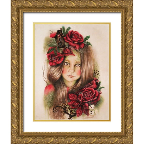 Sheena Pike Art 26x32 Gold Ornate Wood Framed with Double Matting Museum Art Print Titled - Merry - Christmas Pixie Blossoms