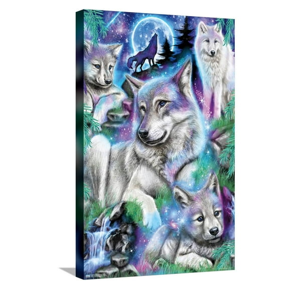 Sheena Pike - Daydream Galaxy Wolves Canvas Wall Poster, 14.725" x 22.375"