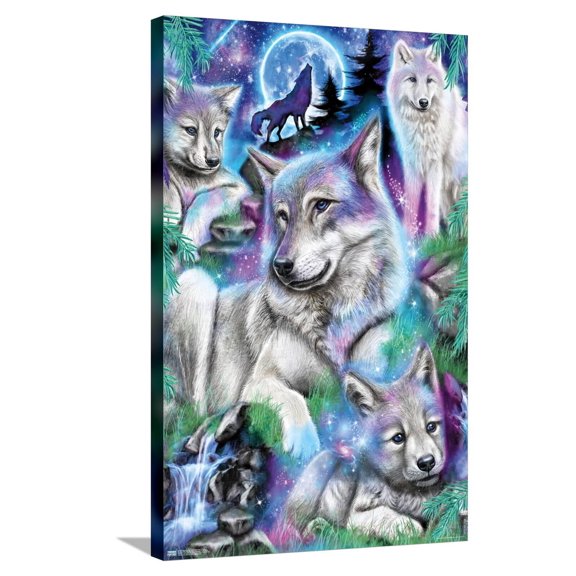 Sheena Pike - Daydream Galaxy Wolves Canvas Wall Poster, 22.375" x 34"
