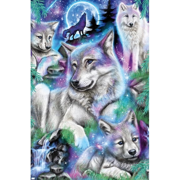 Sheena Pike - Daydream Galaxy Wolves Wall Poster, 14.725" x 22.375"
