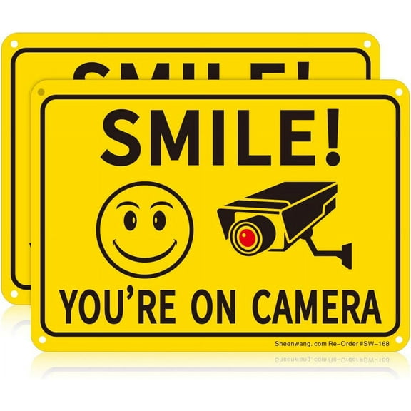 Sheenwang 2-Pack Smile You?re on Camera Sign, Video Surveillance Signs Outdoor, UV Printed .040 Mil Rust Free Aluminum 10 x 7 in, Security Camera Sign for Home, Business, Driveway Alert, CCT